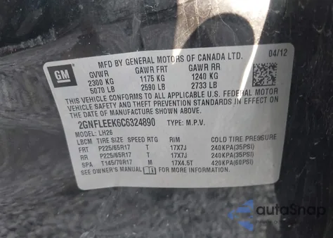 2012 Chevrolet Equinox 1Lt из США, поврежденный, VIN 2GNFLEEK6C6324890